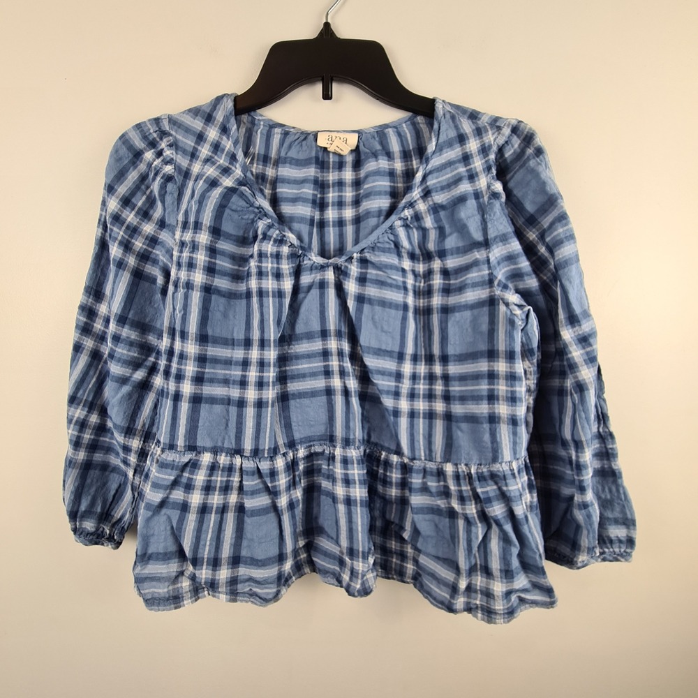 ana A New Approach Blue Plaid Peplum Blouse Petite SP V-Neck 3/4 Sleeve Top Crop